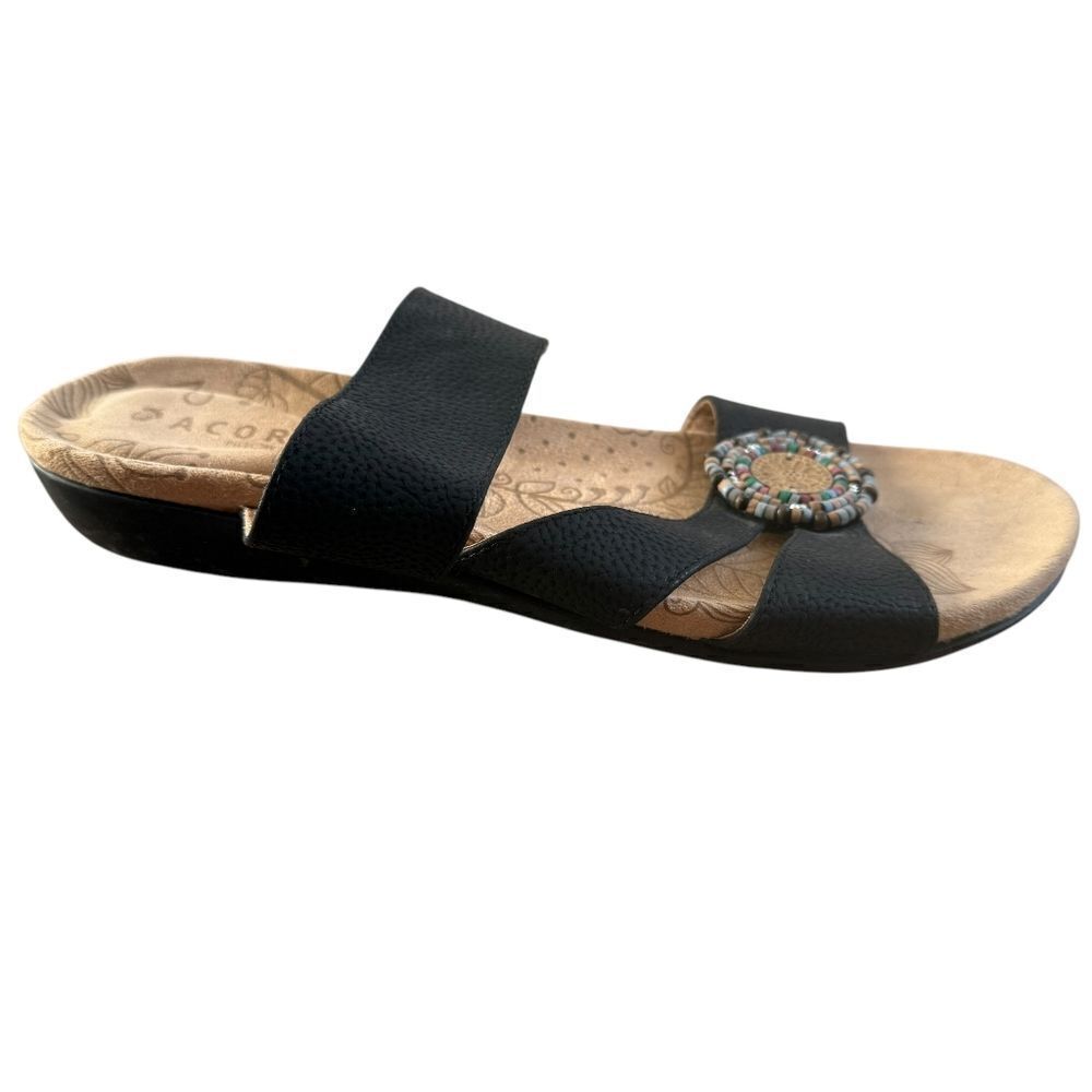 Acorn Pillow Pod Sandals Size 7 Black Beaded Open Toe Flat Shoes Strappy - Picture 6 of 8